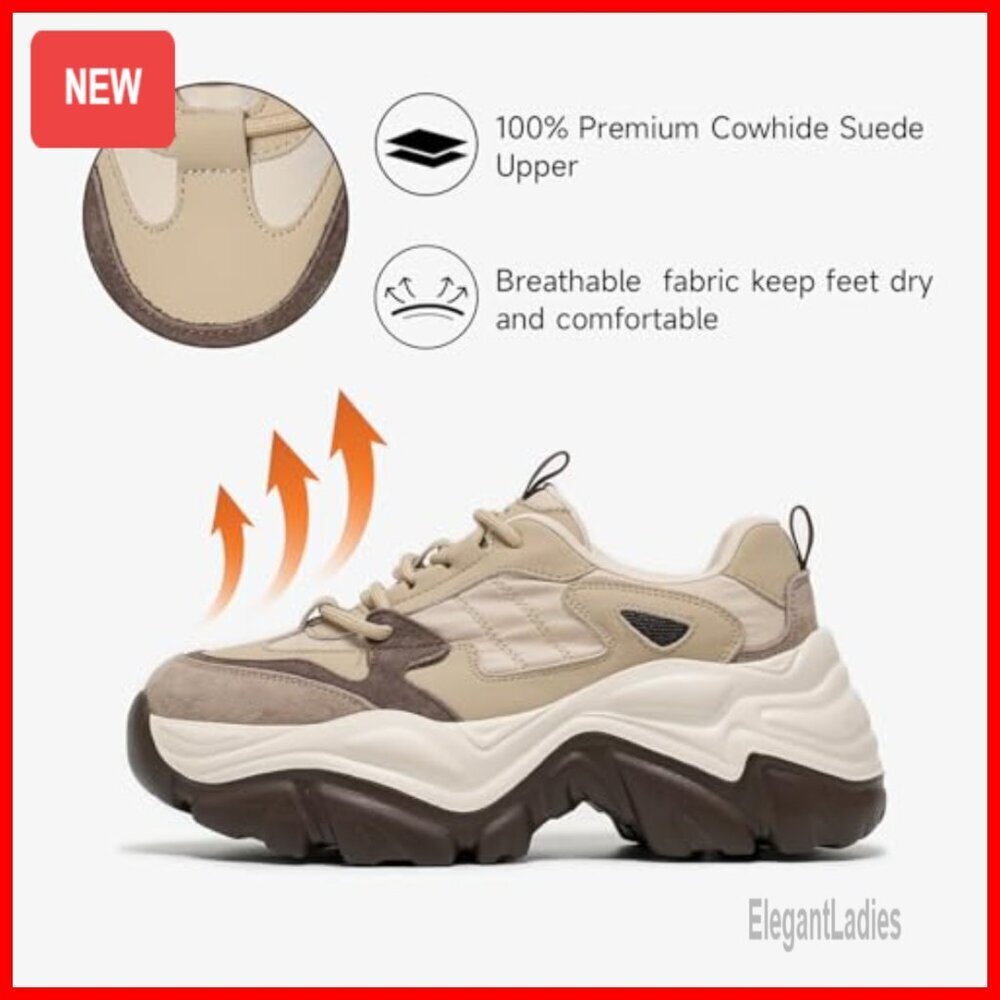 Chunky Leather Sneakers with Lace-Up Design, EVA Sole, Comfort Fit - Picture 4 of 7